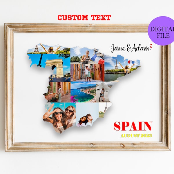 Spain Souvenir, Spain Gift, Spain Photo collage, Spain Holiday, Barcelona Souvenir, Travel Photo Collage, Country map photo collage gift