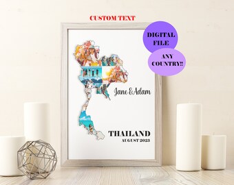 Thailand Souvenir, Holiday Gift, Thailand Photo collage, Thailand Holiday, Bangkok Souvenir, Travel Photo Collage, country map photo collage