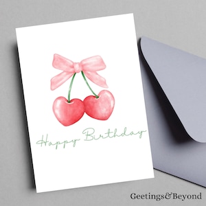 Carte de joyeux anniversaire rose et vert avec noeud et cerise, téléchargement numérique, carte de taille 5 x 7, carte vierge imprimable