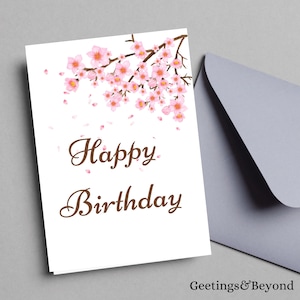 Biglietto di auguri di buon compleanno con fiori di ciliegio in fiore, biglietto digitale stampabile e scaricabile, biglietto formato 5x7, biglietto vuoto stampabile