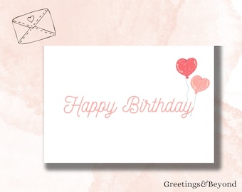 Pink Hearts Balloons Birthday Card l Digital Download l 7x5 l Printable Blank Card