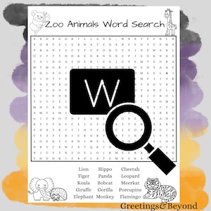 Zoo Animal Word Search, Printable Instant Download, Printable PDF, Word Search with Answer Key