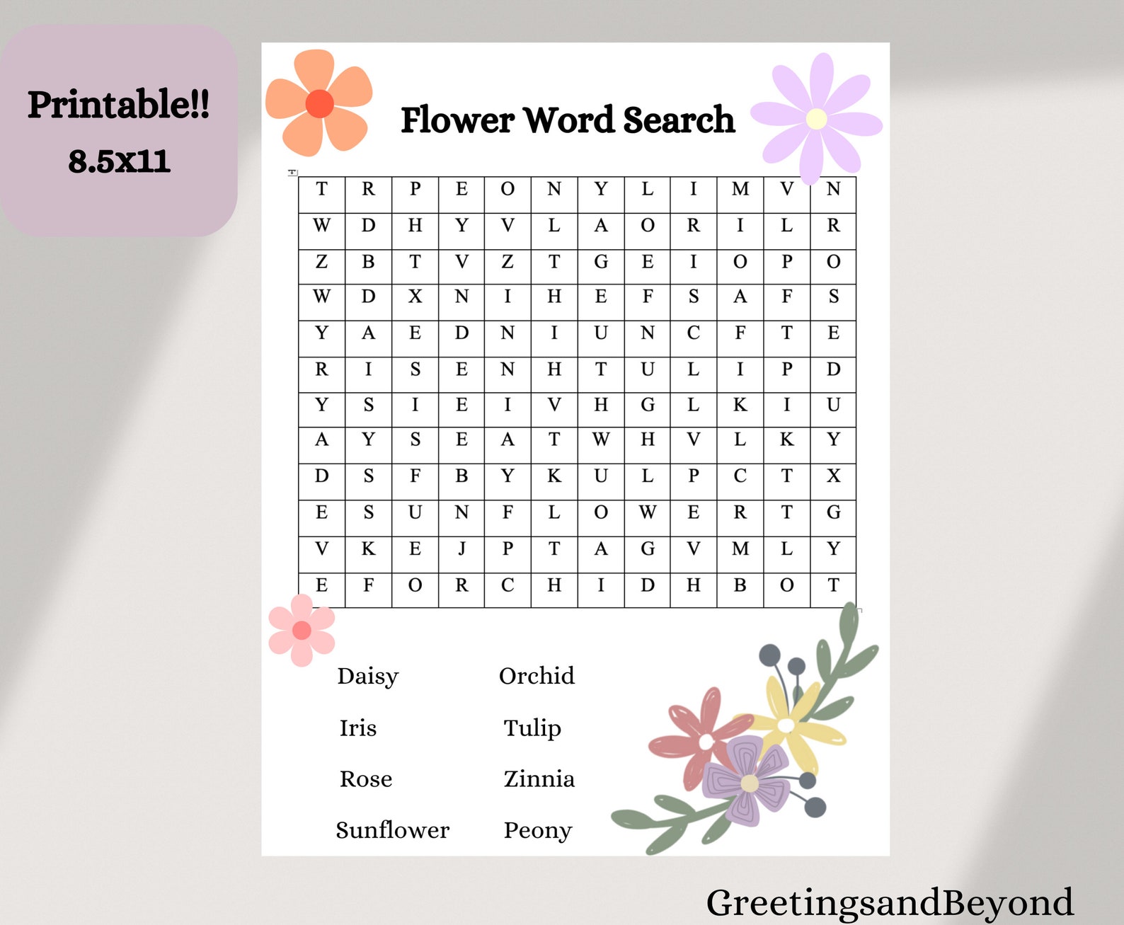 Flower Word Search, Printable Digital Download, Printable PDF, Answer