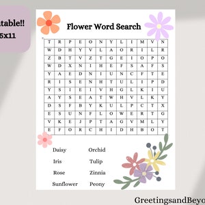 Flower Word Search Puzzle: Printable PDF Game with Answer Key (Digital Download)