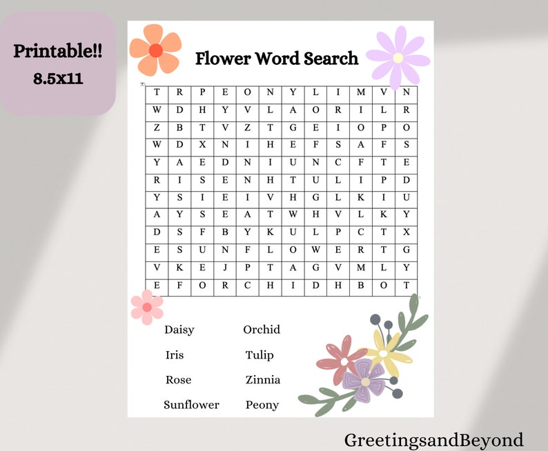 Printable Flower Word Search L Digital Download L PDF L Answer Key Included Etsy