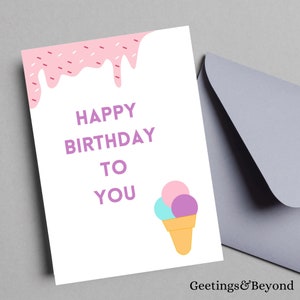 Ice Cream Birthday Card, Printable Digital Download Card, 5x7 size card, Printable Blank Card, Instant Download Birthday Card