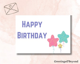 Star Balloons Birthday Card l Digital Download l 7x5 l Printable Blank Card