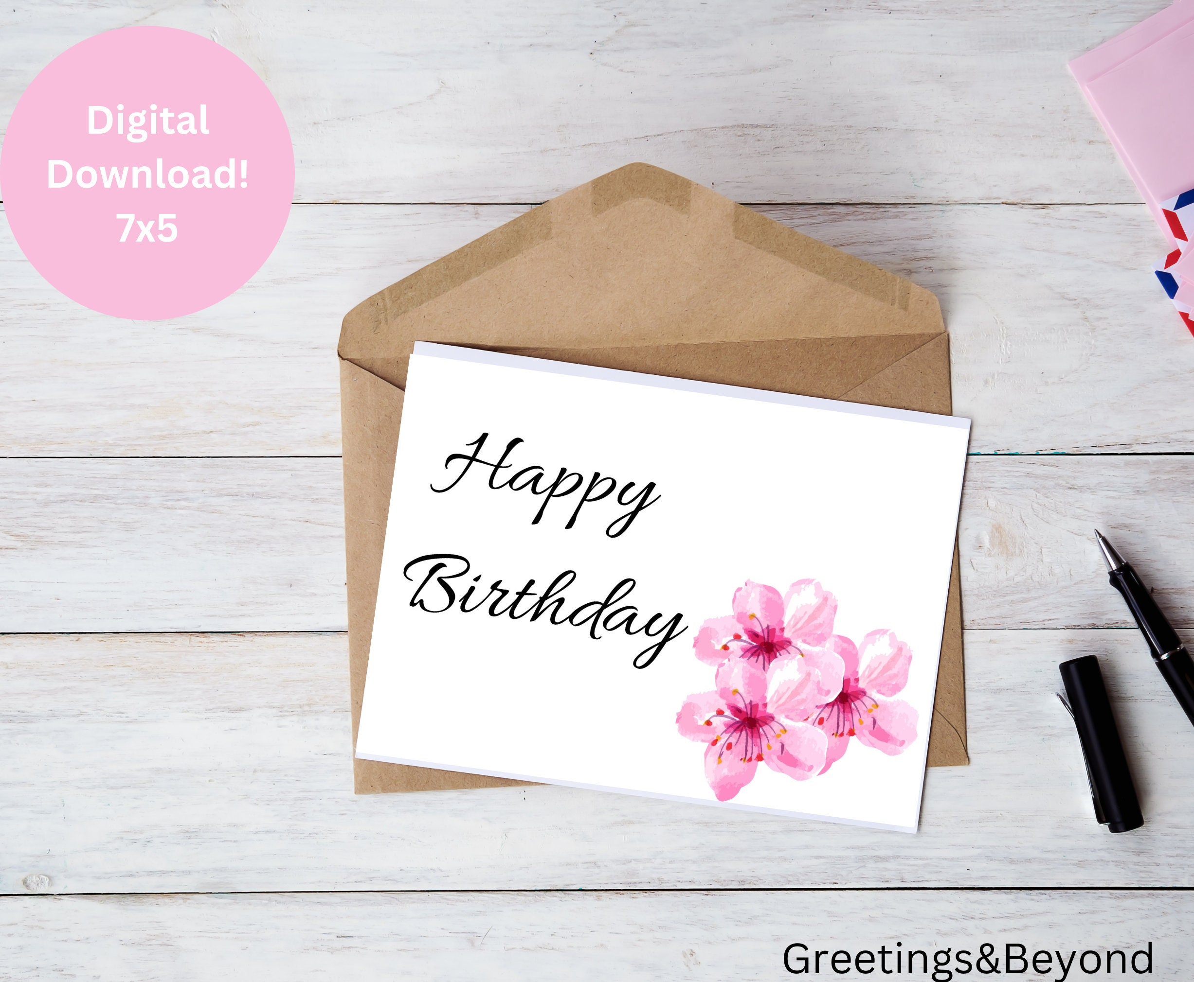 Pink Flowers Birthday Card: Printable 7x5 Blank Card (digital Download ...