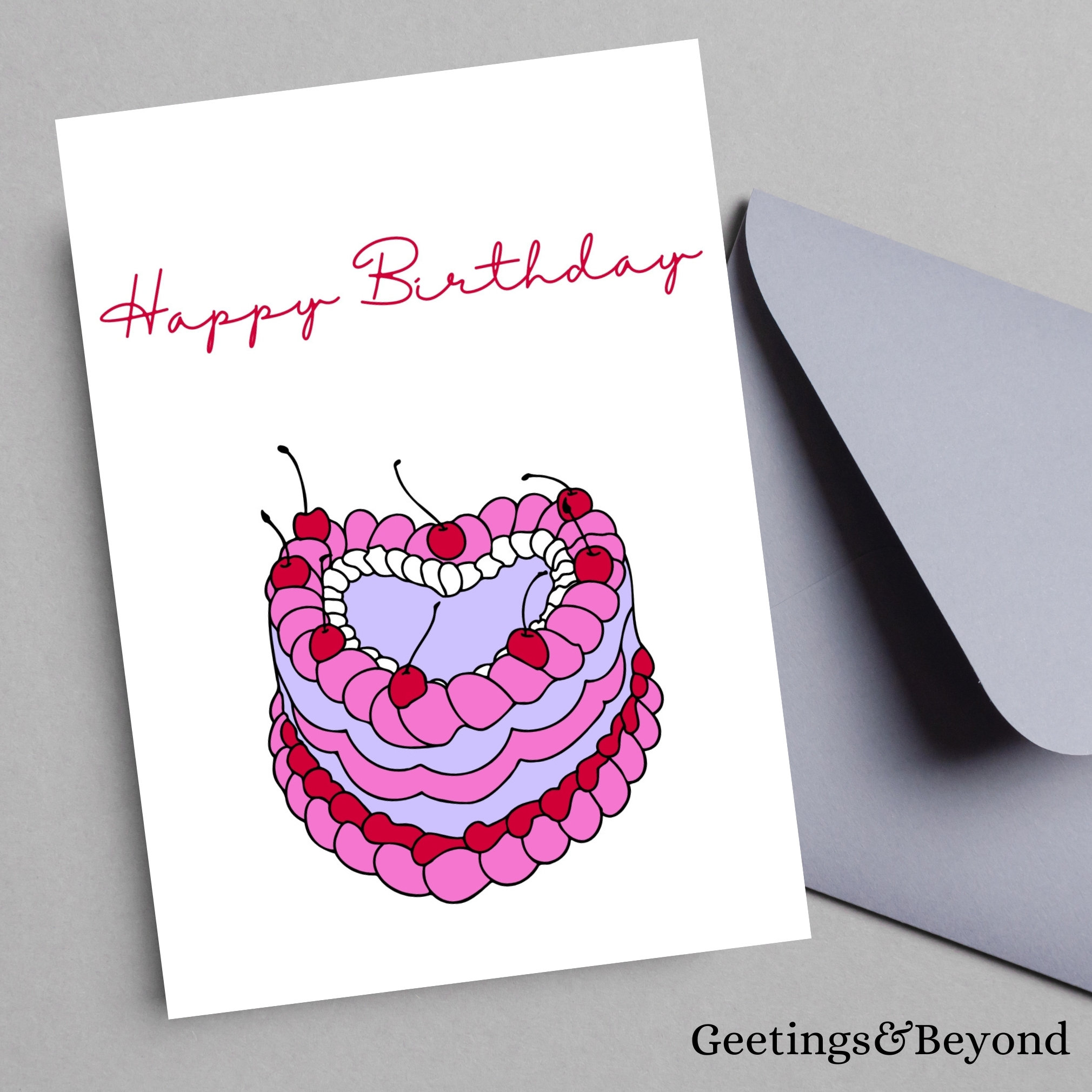 Pink Cherry Cake Birthday Card: Printable 5x7 Blank Card (digital ...