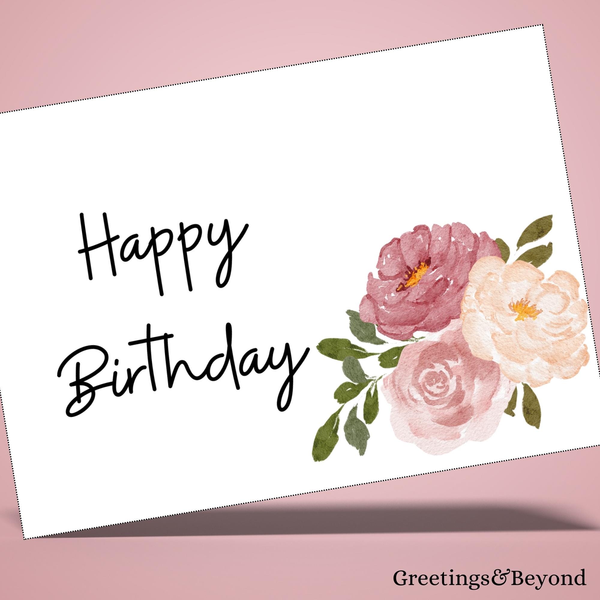Pink Flowers Birthday Card, Printable Digital Download Card, 7x5 Size ...