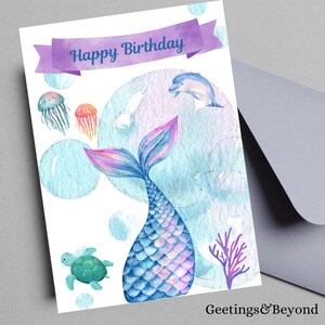 Mermaid Birthday Card, Printable Digital Download Card, 5x7 size, Printable Blank Card for Kids, Instant Download Birthday Card