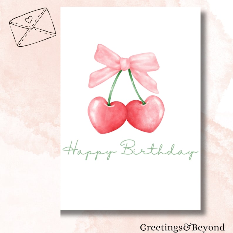 Printable Cherry Happy Birthday Card, Cute Pink Bow Birthday Card PDF ...
