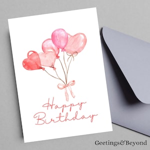 Heart Balloon Birthday Card, Pink & Red Printable Greeting, Birthday Card for Friends or Daughter, Instant Download Birthday Card
