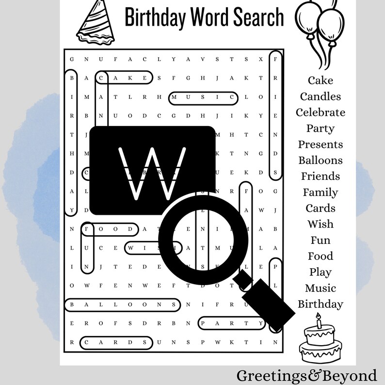 Birthday Word Search, Printable Digital Download Word Search, Answer