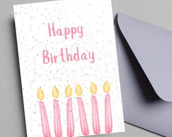 Carte de bougies d'anniversaire rose, carte imprimable de téléchargement numérique, carte de taille 5 x 7, carte vierge imprimable