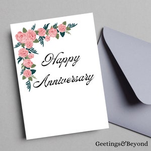 Tarjeta de aniversario floral, descarga digital imprimible, elegante tarjeta de 5x7 para él o ella, descarga instantánea en PDF