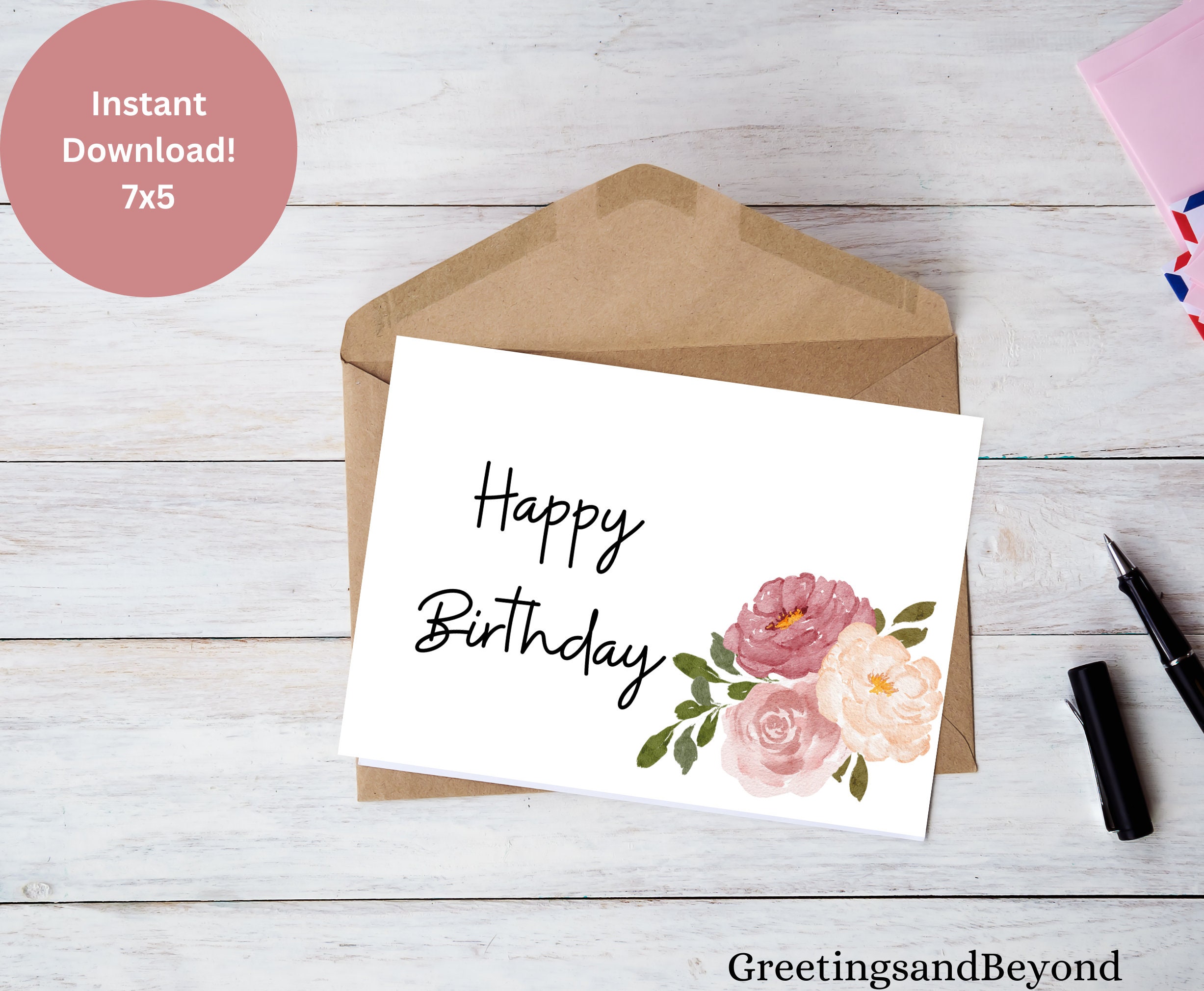 Pink Flowers Birthday Card, Printable Digital Download Card, 7x5 Size ...