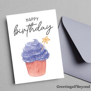 Printable Birthday Cupcake Card: Purple Frosting, 5x7 (Digital Download)