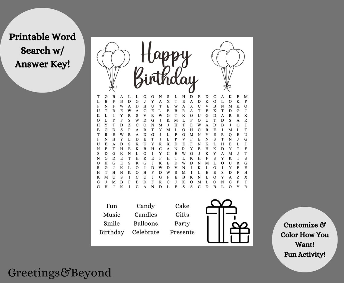 Birthday Word Search, Printable Instant Download, Printable PDF ...