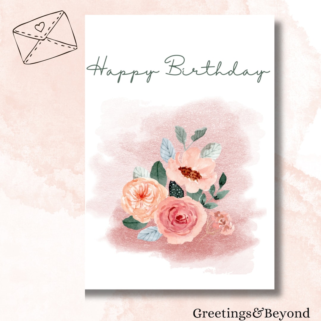 Pink Flowers Happy Birthday Card Digital Download Card 5x7 Size Card ...