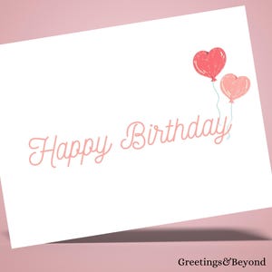 Pink Hearts Balloons Birthday Card, Printable Digital Download Card, 7x5 size card, Printable Blank Card, Instant Download Birthday Card