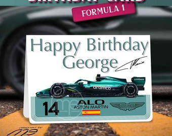 Personalised Fernando Alonso Aston Martin Formula One F1 Birthday Card