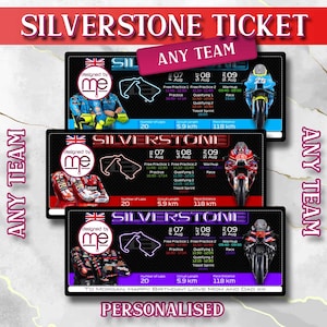 May include: Three rectangular Silverstone motorcycle race tickets featuring a circuit map, event schedule for August 7th to 9th, and race statistics including 20 laps, 5.9 km length, and 118 km distance. Each ticket displays a motorcycle and rider.