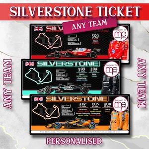 May include: Three rectangular Silverstone ticket designs featuring Formula 1 race cars, track maps, and event schedules. Each ticket displays the Silverstone circuit layout, race dates, and team-specific imagery. The bottom ticket includes the text: To Bruce, Happy Birthday! Love Mom and Dad XX.