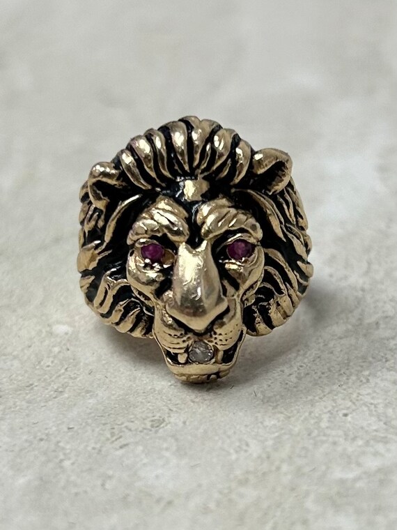 14kt Yellow Gold Ruby and Diamond Lion Ring - image 2