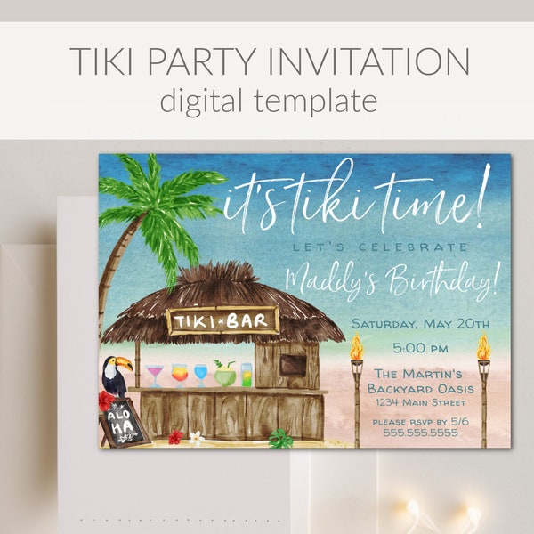 Tiki Bar Party Invitation Digital Template, Beach Party, Tiki Party, Backyard Party, Pool Party, Palm Trees, Happy Hour, Tiki Torch