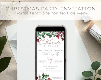 May include: A digital Christmas party invitation with a red and green floral design. The text reads "Celebrate the Season" and includes details about the party, including the date, time, and location.  Please RSVP by 12/10.