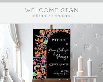 Mexican Floral Welcome Sign, bold colors with black background, digital template, Elegant Fiesta, Cinco de Mayo, Quinceanera