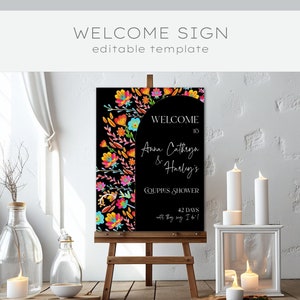 Signo de bienvenida floral mexicano, colores llamativos con fondo negro, plantilla digital, Fiesta elegante, Cinco de Mayo, Quinceañera