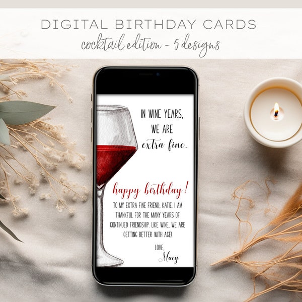 Cocktail Birthday Cards Digital Templates set of 5, Birthday Texts, Classy Cocktail Birthday Texts, Wine, Martini, Beer, Old Fashioned