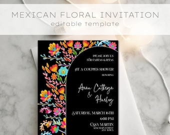 Mexican floral party invitations, cinco de Mayo, bold colors with black background, digital template invitation, fajitas and ritas,