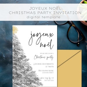 May include: A white Christmas party invitation with a black and white illustration of a pine tree on the left side. The text "Joyeux Noel" is at the top of the invitation, and the text "Christmas party" is in the center of the invitation. The text "Saturday, December 17th at 7:00 PM" is below the text "Christmas party". The text "The Fellow's Home 1234 Main Street" is below the date and time. The text "Please RSVP by 12.18 555-555-5555" is at the bottom of the invitation.