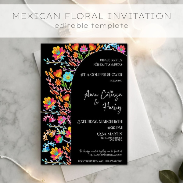 Mexican floral party invitations, bold colors with black background, digital template invitation, fajitas and ritas,