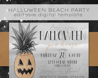Tropical Halloween Invitation Template, Pineapple Jack-o-Lantern (Digital Download)