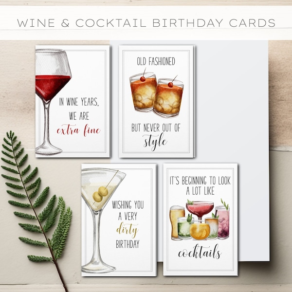 Cocktail-themed Birthday Card, Birthday Card, Cocktails, Wine, Martini, Old-Fashioned, Birthday Cards for Women and Men,