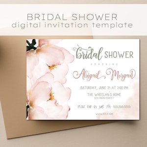May include: A digital invitation template for a bridal shower. The invitation features a watercolour floral design with pink flowers and green leaves. The text reads "It's a bridal shower honouring Abigail Morgan. Saturday, June 24 at 2:00 PM. The Wheelan's Home 1234 Main Street. Please RSVP by June 7th: 555.555.5555. www.zola.com"