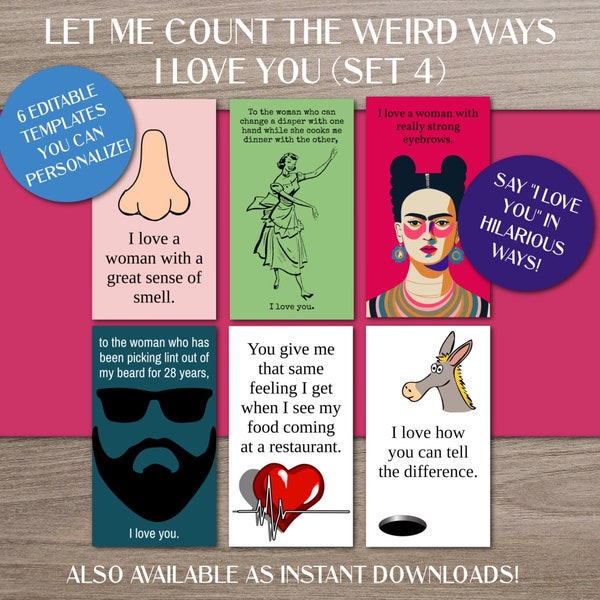 Funny Weird Ways to Say I Love You Editable Digital Templates (Set 4), Love Texts, Odd Digital Cards, Funny Love Notes, Funny Valentines