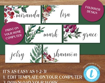 May include: Christmas place cards with names like Miranda and Lisa, featuring watercolor floral designs. The cards have a foldover design and are easy to edit and print at home. The text says "12+ Christmas Place Cards".