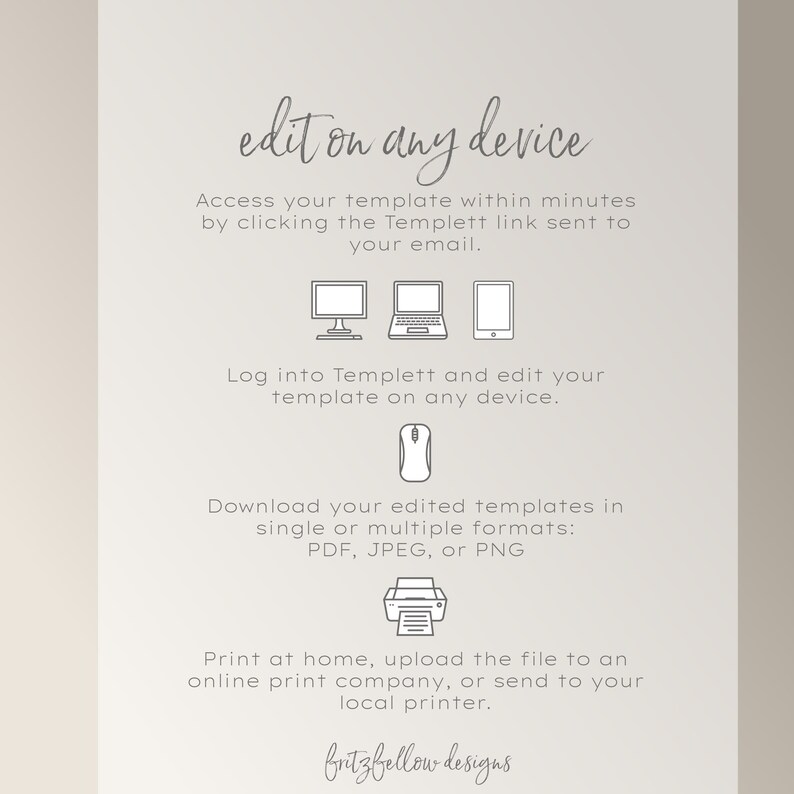 May include: A graphic with instructions on how to edit a template on any device. The graphic shows icons for a desktop computer, laptop, and smartphone. It also shows icons for a mouse and a printer. The text says "edit on any device" and includes the phrase "fritzfellow designs".