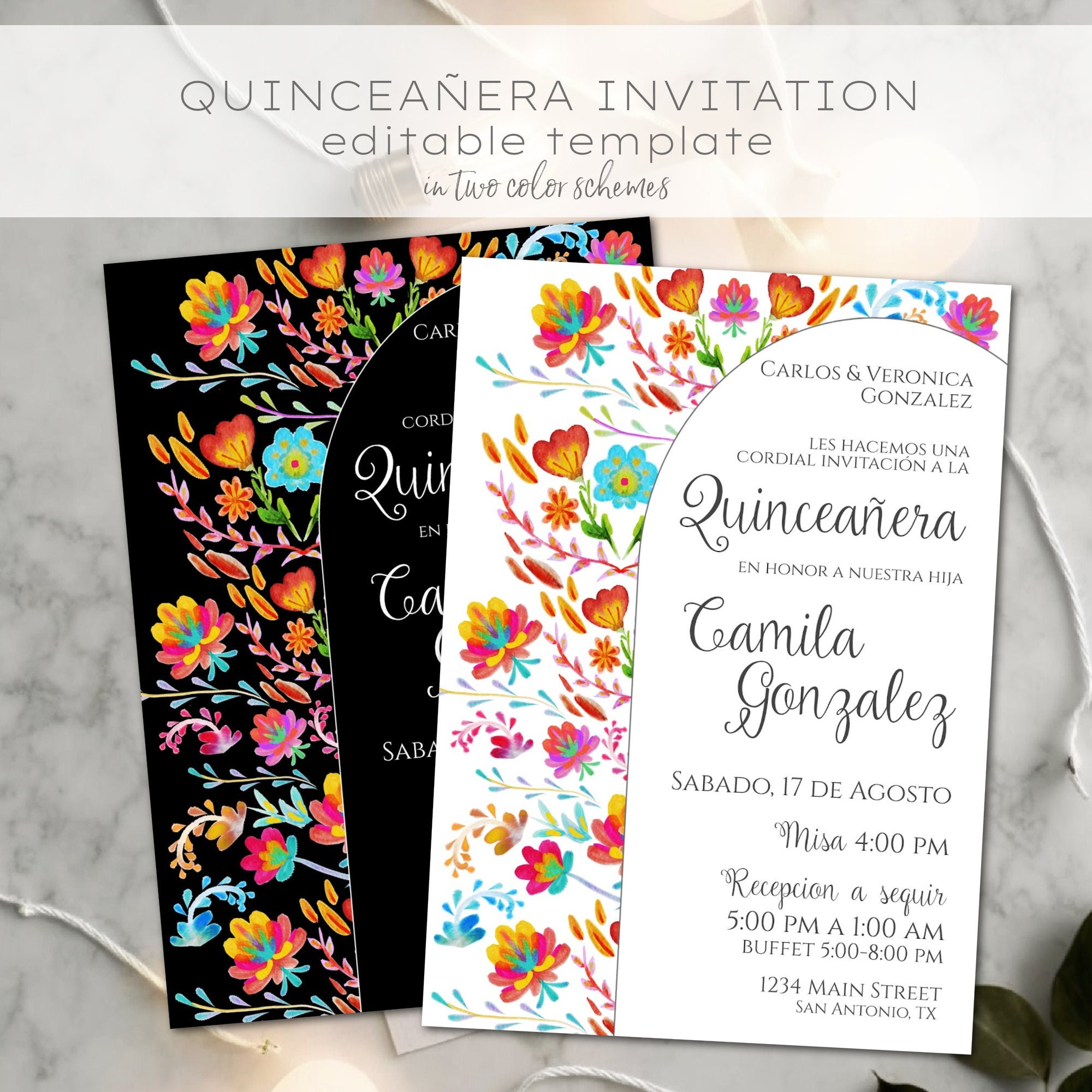 Mexican Floral Quinceañera invitations, bold colors with black or white background, digital template invitation,