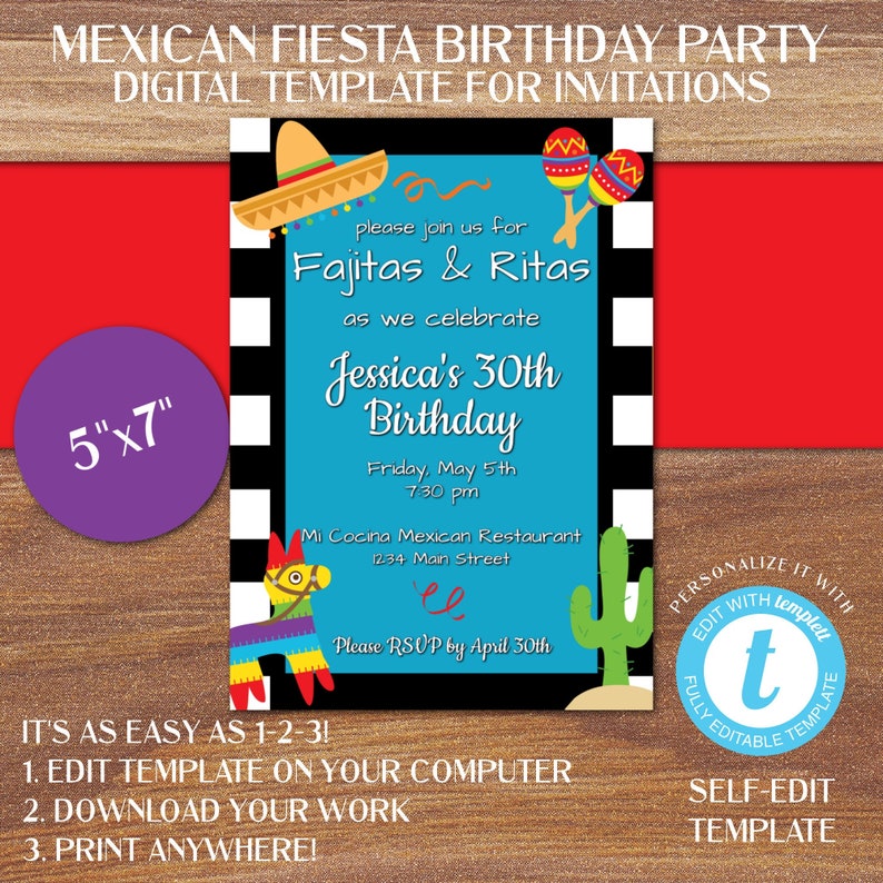 Mexican Fiesta Birthday Party Invitation Digital Template, Fajitas and