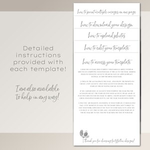 May include: A gray and white printable template with instructions on how to access, edit, download, upload photos, and print multiple images on one page. The text "Detailed instructions provided with each template!" and "I am also available to help in any way!" is included. The template also includes a thank you message that says "Thank you for choosing fritzfellow designs!"