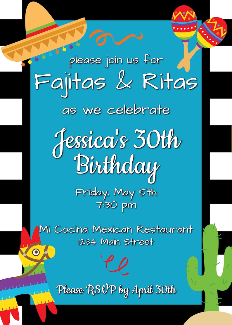 Mexican Fiesta Birthday Party Invitation Digital Template, Fajitas and