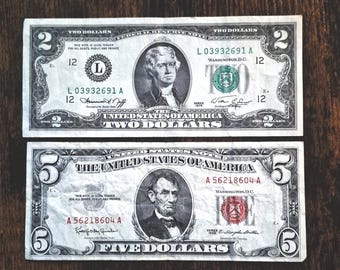 1963 Red Seal Five Dollar, 1976 Two Dollar, Silver Certificate Bills (Torn Corner)