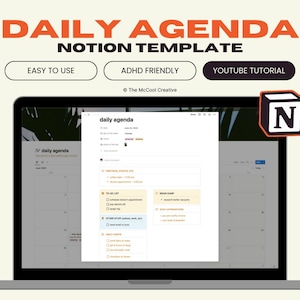 Può includere: Uno schermo di laptop che mostra un modello di agenda giornaliera di Notion. Il modello è progettato per essere facile da usare e adatto alle persone con ADHD. Il modello include sezioni per riunioni, lista di cose da fare, altre cose, abitudini quotidiane e svuotamento del cervello. Il modello include anche una vista del calendario.