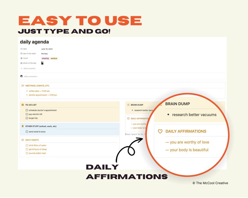 Notion Daily Agenda Template the Mccool Creative Aesthetic Notion